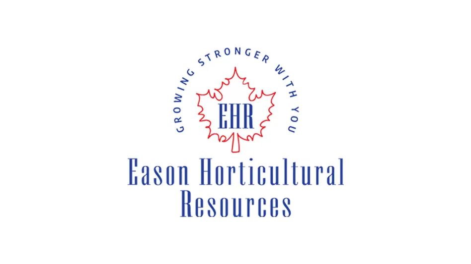A logo with blue text that reads Eason Horticultural Resources Growing Stronger With You. At the center is a red outline of a maple leaf with EHR in blue capital letters inside.