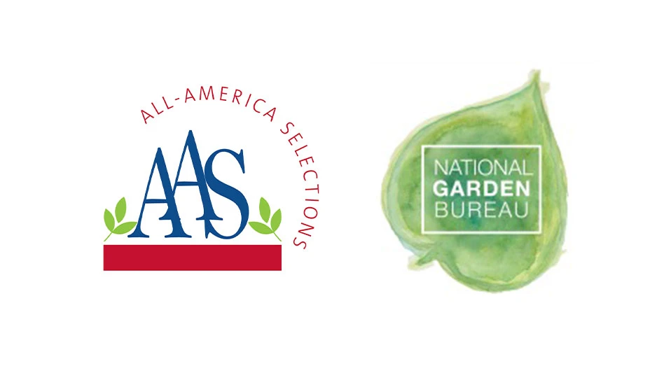 Two logos side by side. On the left is a logo that reads AAS All-America Selections and royal blue and red letters, with two green seedlings and a red bar underneath. On the right is a logo that reads National Garden Bureau in white capital letters. Behind the text is a watercolor-style green leaf.